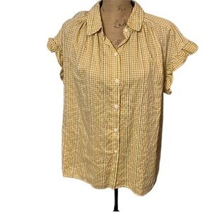 Max Studio yellow and white embroidered check button down top. NWT